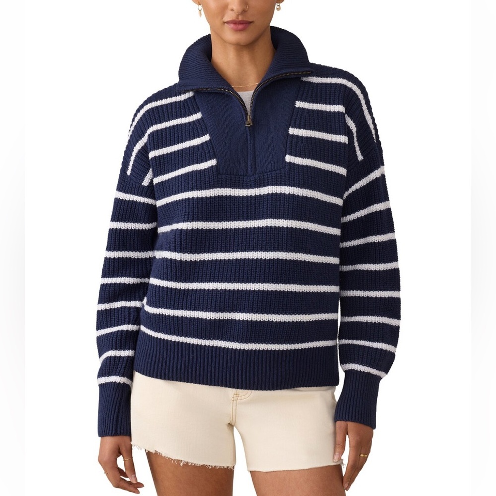 Faherty Mariner Blue White Stripe Quarter Zip Wool Blend Sweater Sz XL Nautical